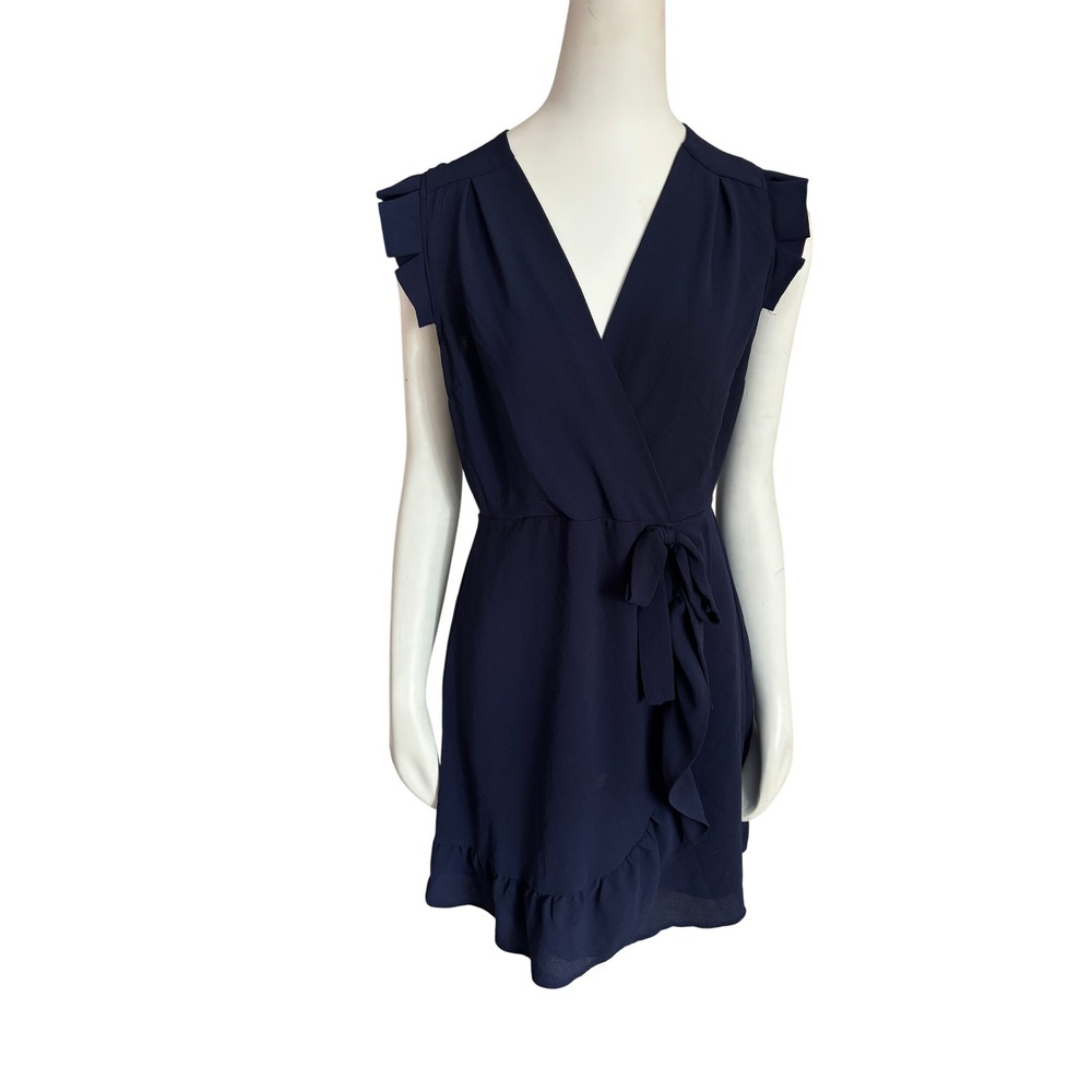 Monteau Los Angeles Navy Blue Ruffle Wrap Mini Dress Large